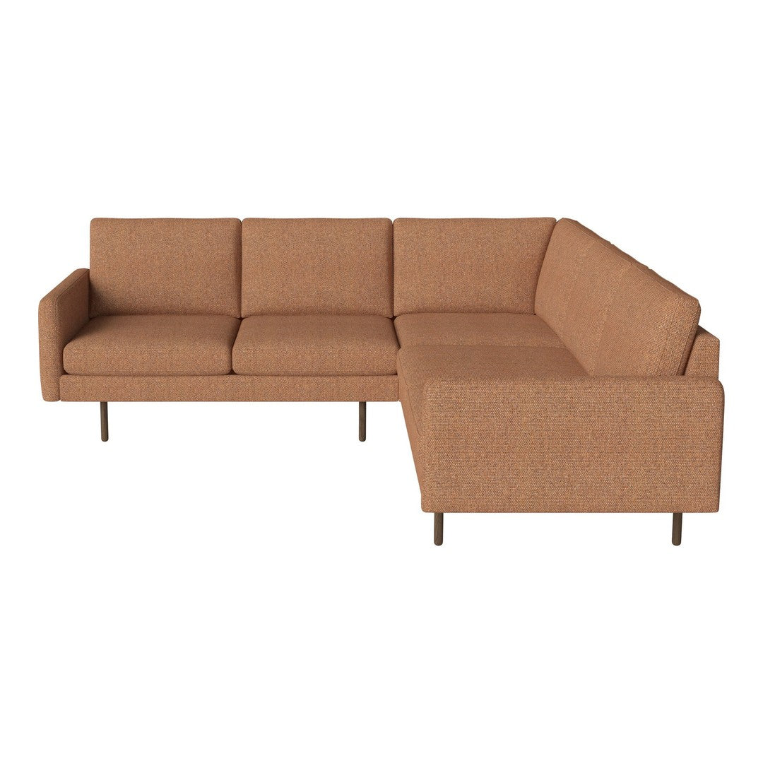 L-shaped sectional sofa in warm brown fabric with a smooth, modern texture and clean lines. Perfect for contemporary decor.