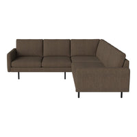 Brown sectional sofa with a textured fabric pattern and black metal legs, ideal for modern living spaces.