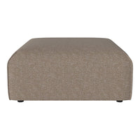 Neutral taupe ottoman with a textured, woven fabric pattern, ideal for modern and minimalist decor.