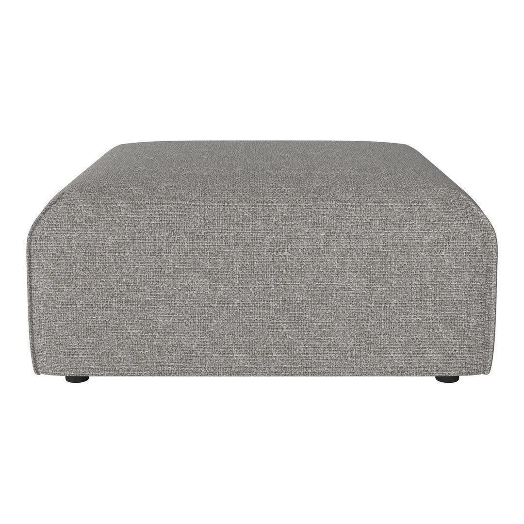 Gray upholstered ottoman with a textured fabric and seamless, modern design. Perfect for contemporary decor.