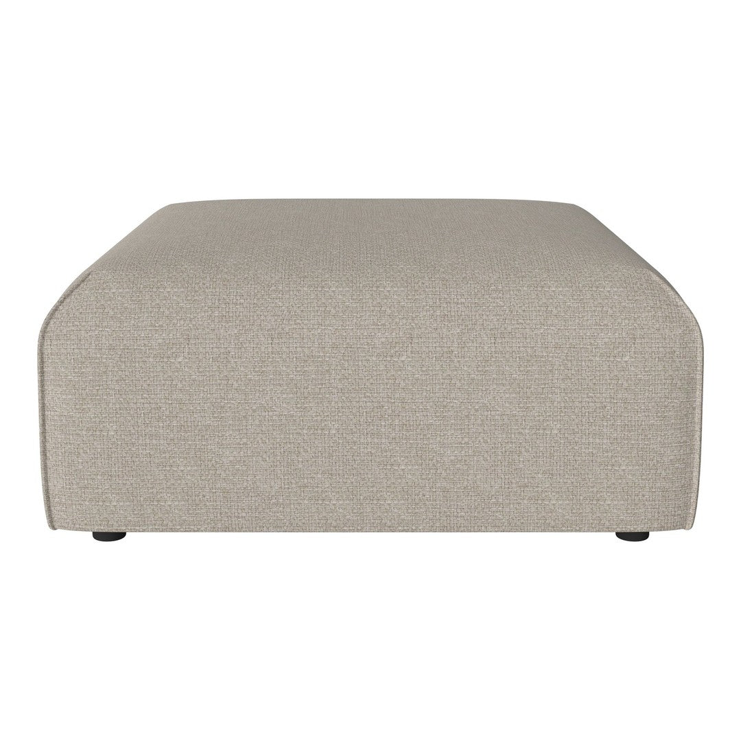 Beige upholstered ottoman with a smooth, minimalist design and subtle texture, perfect for any modern decor.