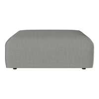 Gray ottoman with a smooth, textured fabric and contemporary, minimalist design. Ideal for modern decor.