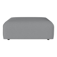 Gray upholstered ottoman with a subtle textured pattern, featuring rounded edges and a minimalist design.
