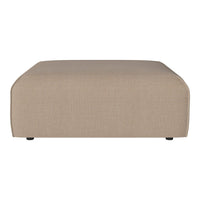Beige upholstered ottoman with a smooth texture and rounded edges. Minimalist design for any decor style.