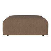 Brown upholstered ottoman with a smooth, minimalist design and rounded edges, perfect for modern decor.