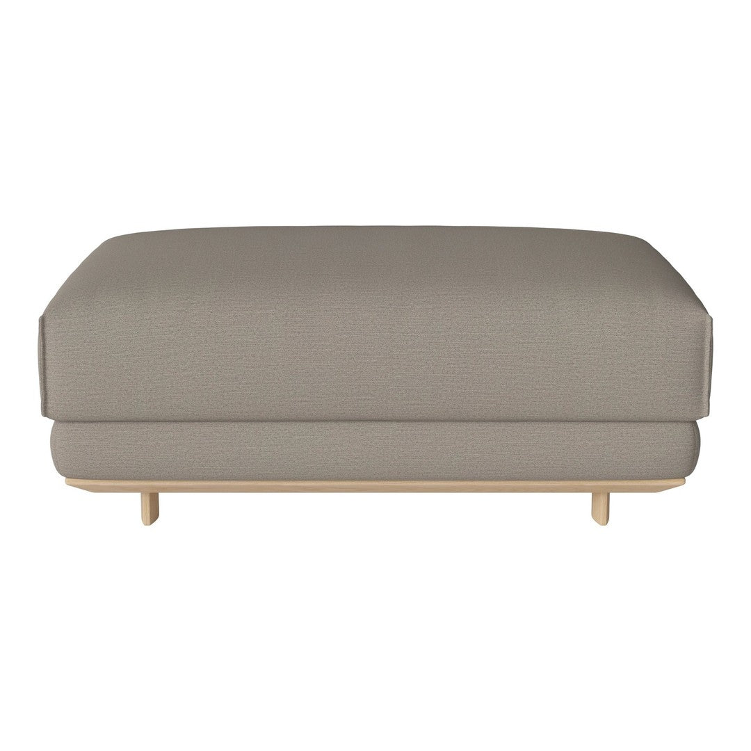 Light gray upholstered ottoman with smooth texture and minimalist design, featuring natural wood legs.