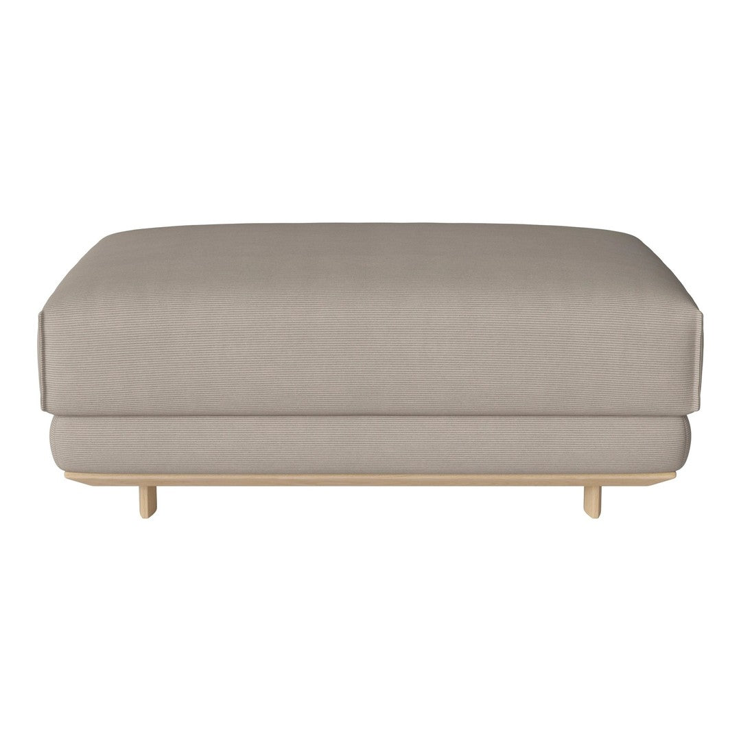 Beige upholstered ottoman with a smooth, solid pattern and light wooden legs, ideal for modern decor.