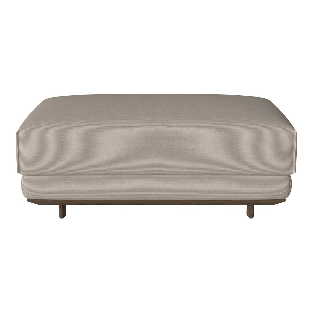 Beige upholstered ottoman with a smooth surface and wooden legs. Simple, modern design for versatile decor.