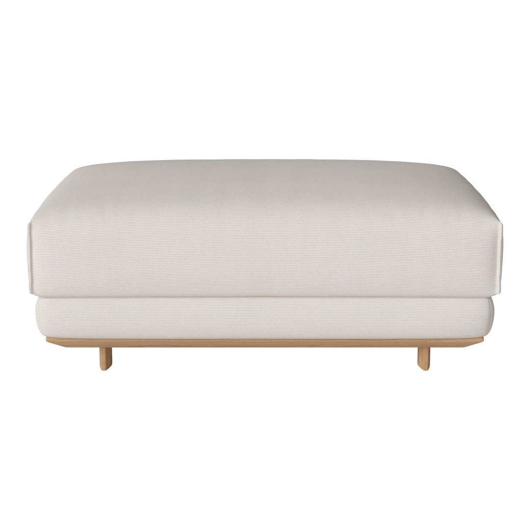Elegant cream ottoman with a smooth texture and minimalist design, featuring a natural wood base for a modern touch.