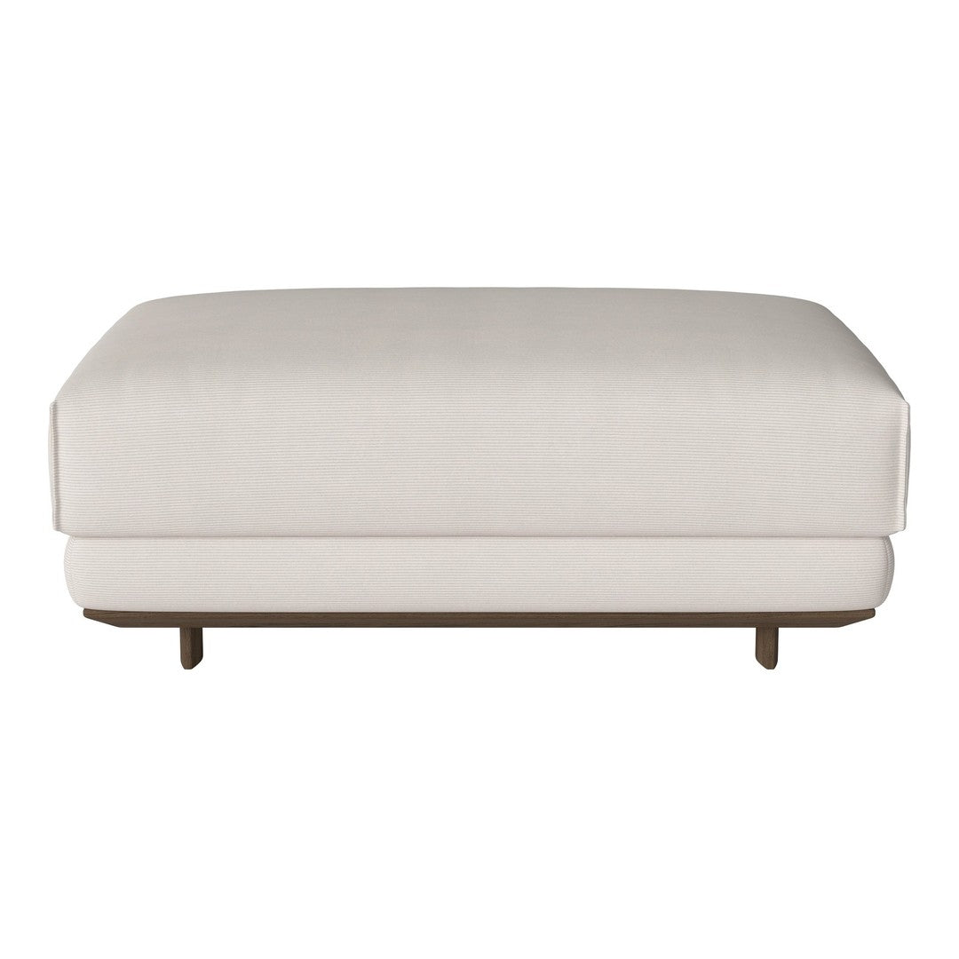 Cream-colored upholstered ottoman with a smooth, solid surface and wooden legs. Ideal for modern decor.