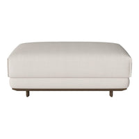Cream-colored upholstered ottoman with a smooth, solid surface and wooden legs. Ideal for modern decor.