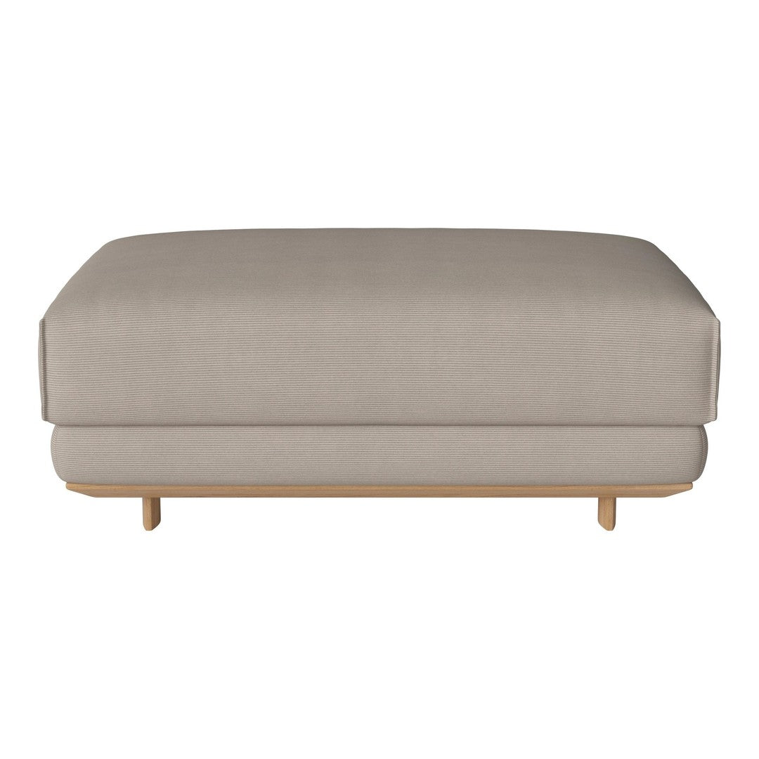 Neutral beige ottoman with a smooth fabric finish and natural wooden legs, perfect for modern decor.