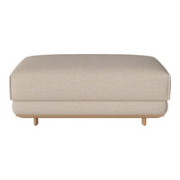 Beige upholstered ottoman with a textured fabric and light wooden legs, featuring a minimalist design.