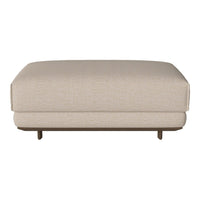 Beige textured ottoman with a modern design and minimalist style, featuring subtle stitching and wood legs.