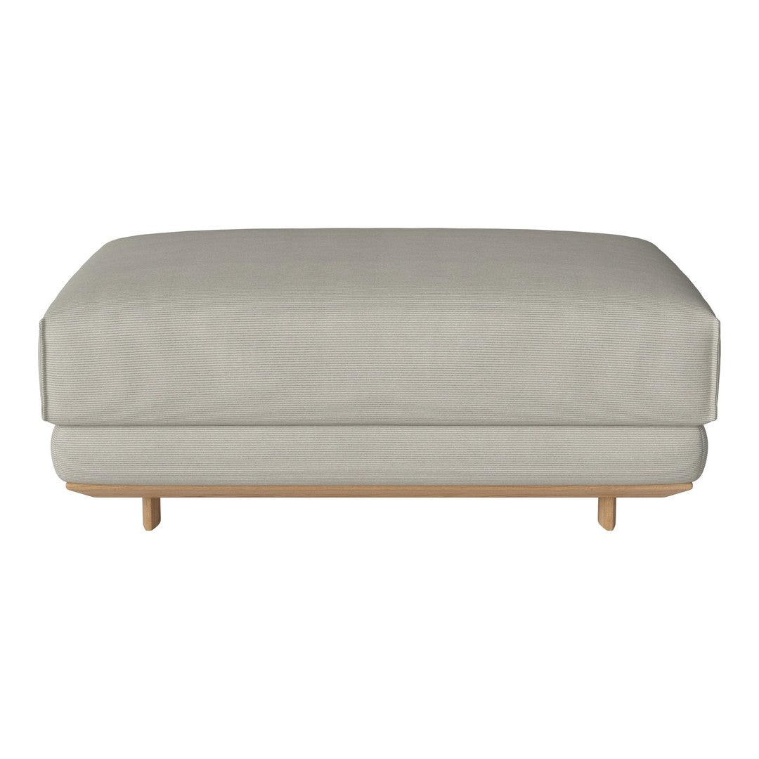 Light gray upholstered ottoman with a minimalist design and natural wood legs, perfect for any modern decor.