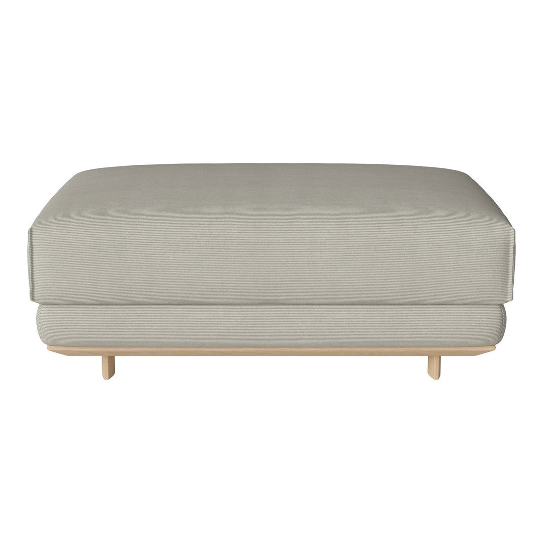 Light gray upholstered ottoman with a simple, clean design and natural wood legs. Ideal for modern decor.