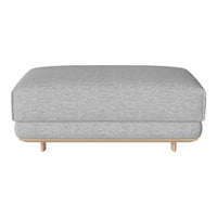 Gray upholstered ottoman with a textured pattern and natural wooden legs, perfect for modern living spaces.