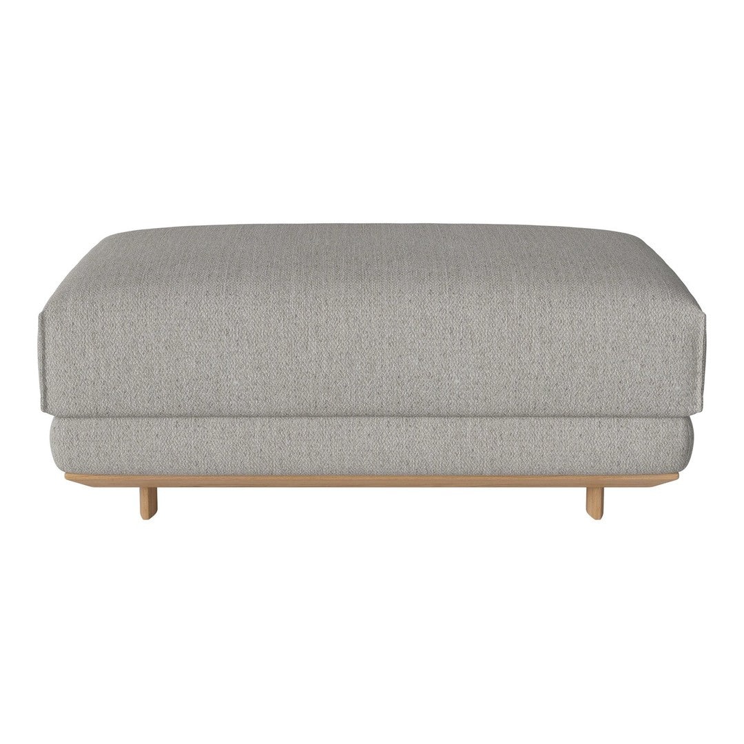 Gray upholstery ottoman with subtle texture and minimalist design, featuring wooden legs for a modern touch.
