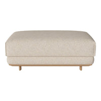Beige upholstered ottoman with subtle texture, featuring clean lines and wooden legs for a modern look.