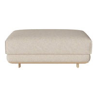 Beige upholstered ottoman with a subtle woven pattern and natural wooden legs, perfect for modern interiors.
