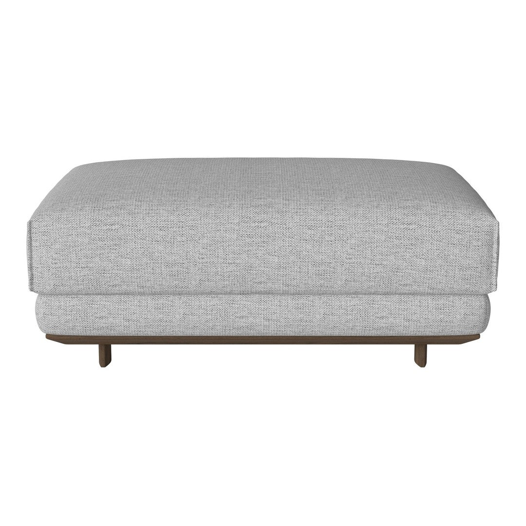 Gray upholstered ottoman with clean lines and a minimalist design, featuring a smooth texture and wooden legs.