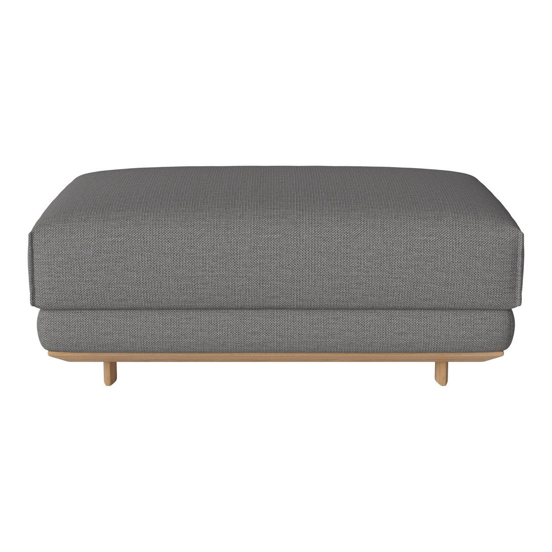 Gray upholstered ottoman with a textured pattern and natural wood legs, perfect for modern interiors.