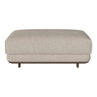 Beige upholstery ottoman with subtle textured pattern and wooden base, perfect for modern living spaces.