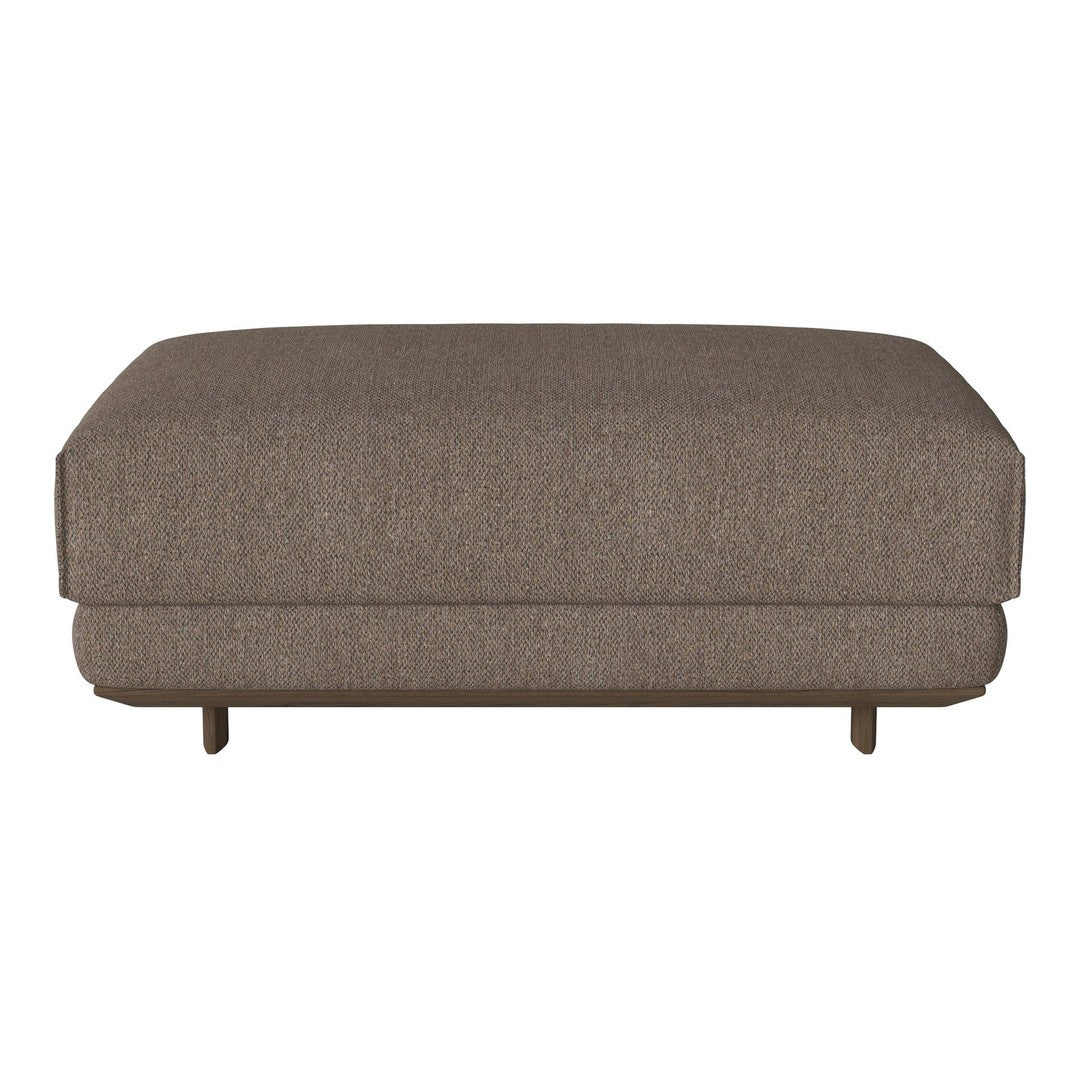 Brown upholstered ottoman with a textured fabric finish and minimalistic design. Perfect for modern living spaces.