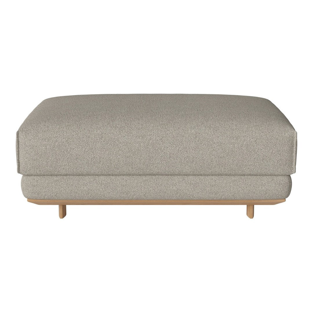 Light gray upholstered ottoman with a smooth texture and natural wooden legs, featuring a minimalist design.