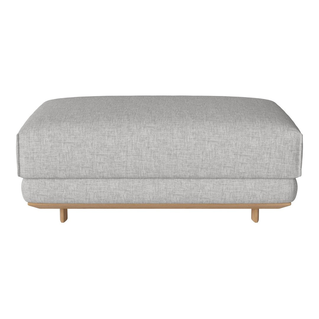 Gray fabric ottoman with a minimalist design and wooden base, offering a modern aesthetic. No visible patterns.