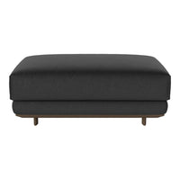 Black upholstery ottoman with a smooth, solid surface and wooden legs, perfect for modern decor.