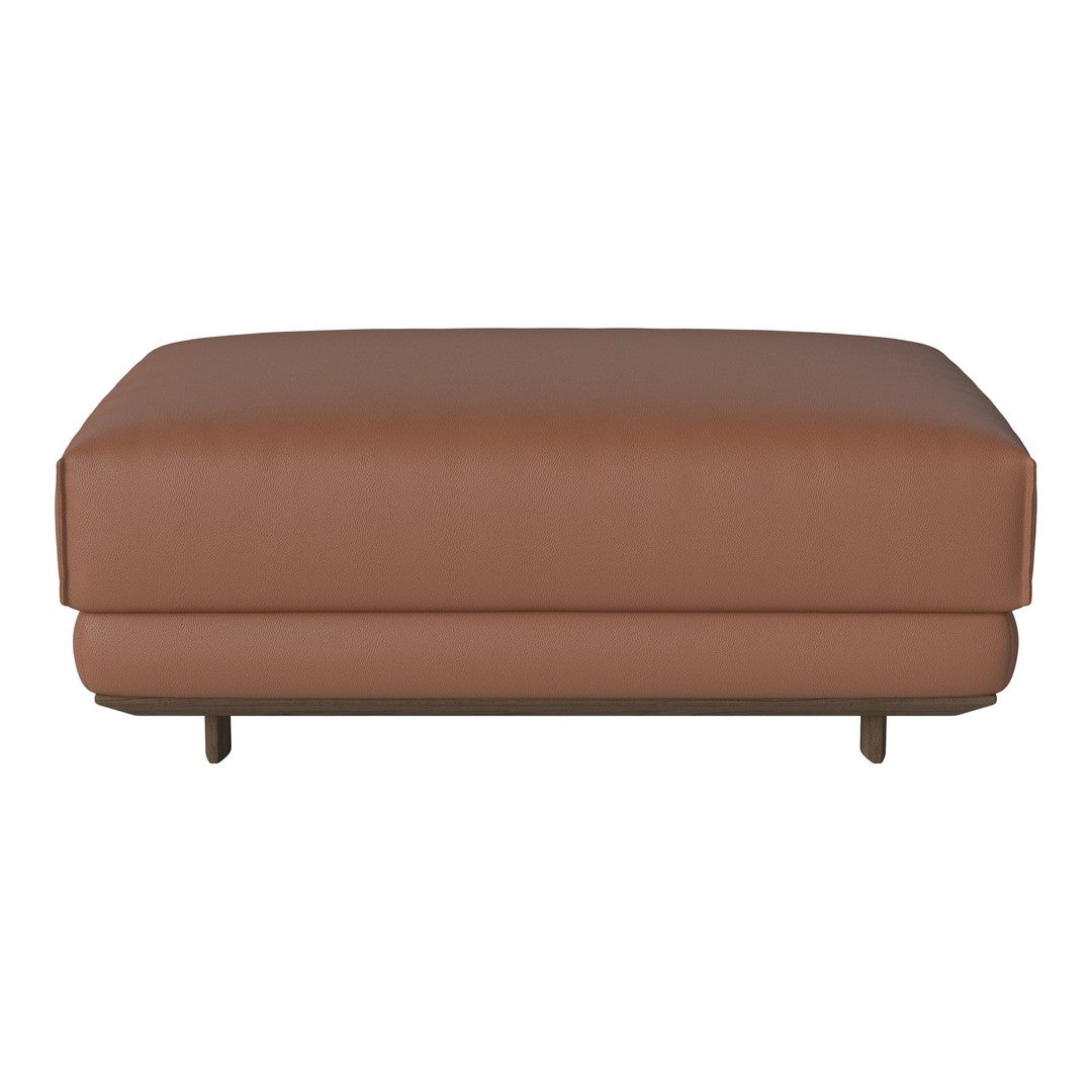 Brown leather ottoman with a smooth, modern design and subtle stitching details.
