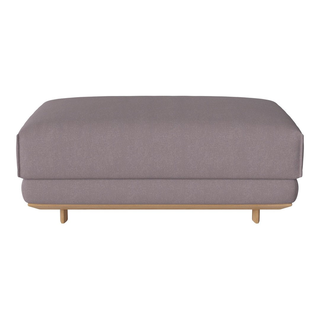 Gray upholstered ottoman with clean, minimalist lines and light wood base, perfect for modern living spaces.