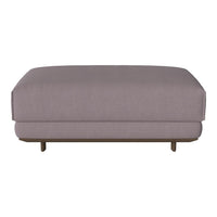 Stylish gray upholstered ottoman with a smooth surface and modern wooden legs. Perfect for contemporary decor.