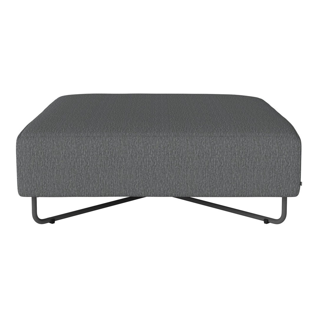Gray upholstered ottoman with subtle textured pattern and sleek black metal legs for a modern look.