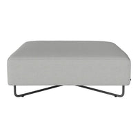 Light gray upholstered ottoman with a sleek, minimalist design and contrasting black metal legs.