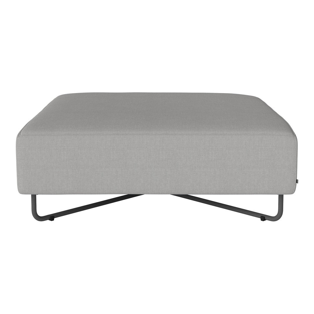 Gray upholstered ottoman with a smooth texture and minimalist design on black metal legs.