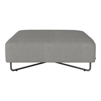 Gray square ottoman with a subtle woven pattern and black metal base, perfect for modern decor.