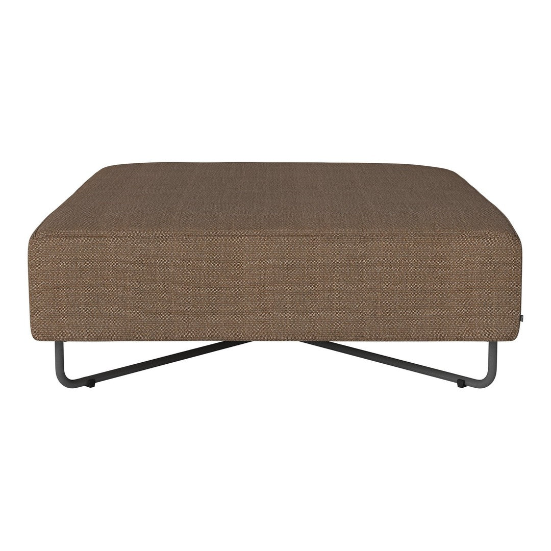 Brown textured ottoman with a sleek metal frame. Modern and versatile design for any living space.