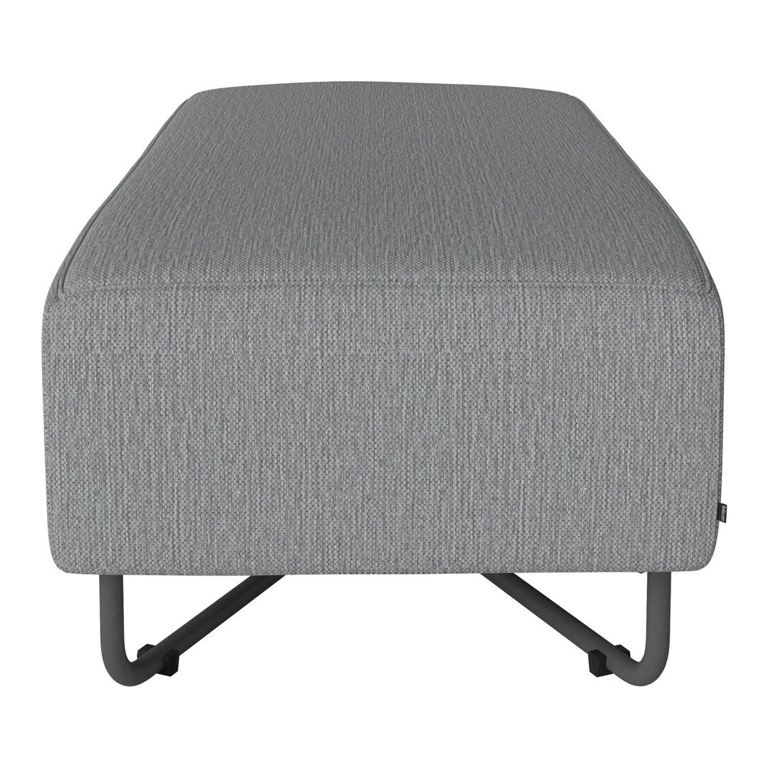 Gray textured ottoman with subtle patterns and sleek metal base for modern decor.