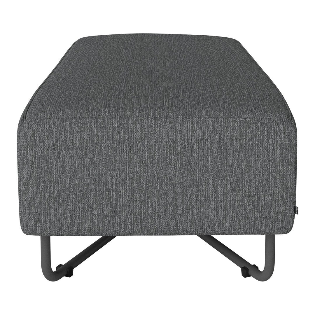 Gray upholstered ottoman with a subtle textured pattern and sleek metal legs. Perfect for modern decor.