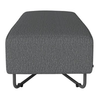 Gray upholstered ottoman with a subtle textured pattern and sleek metal legs. Perfect for modern decor.