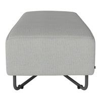 Gray upholstered ottoman with subtle vertical stripes and a sleek metal base. Perfect for modern decor.