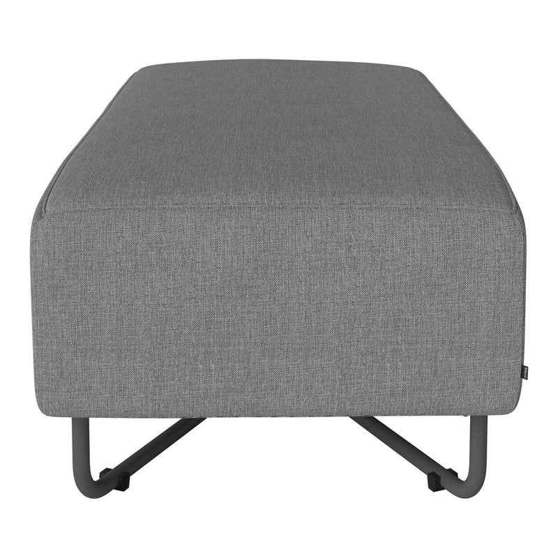 Gray upholstered ottoman with a sleek, modern design and contrasting black metal legs.