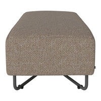 Brown textured fabric ottoman with a subtle woven pattern and sturdy black metal legs. Ideal for modern decor.
