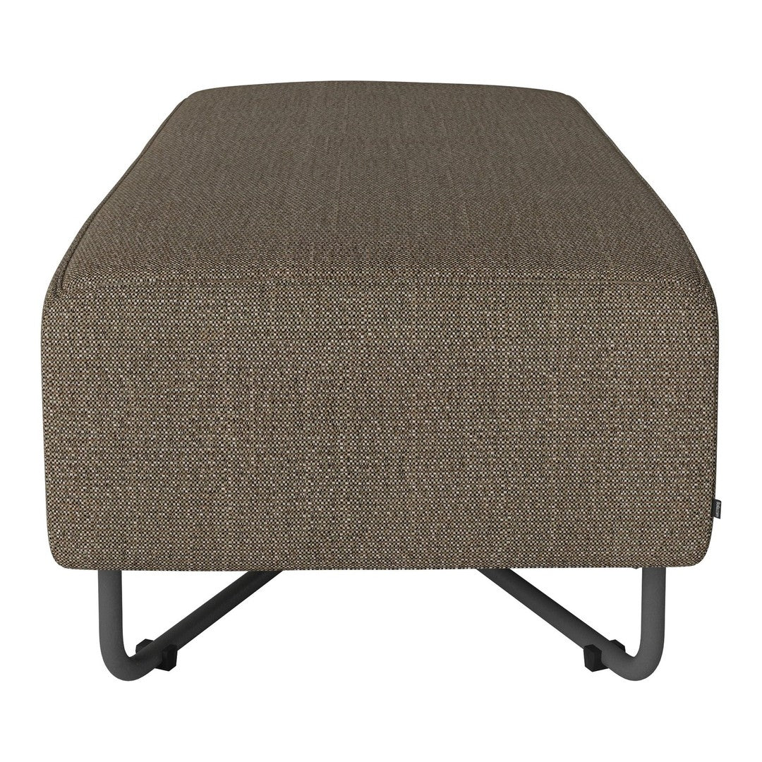 Textured taupe ottoman with a subtle woven pattern and sleek black metal legs, ideal for modern interiors.