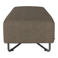 Textured taupe ottoman with a subtle woven pattern and sleek black metal legs, ideal for modern interiors.