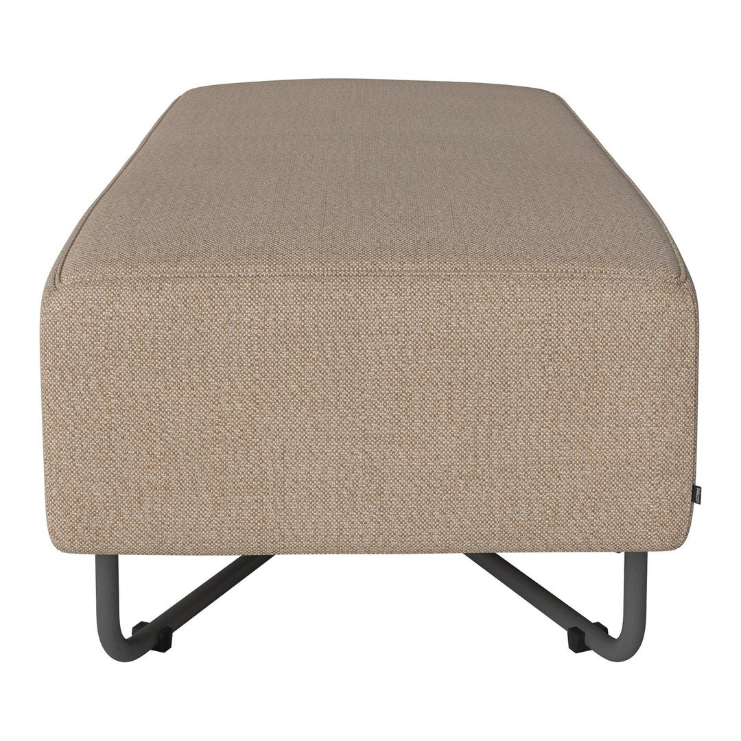 Beige upholstered ottoman with a subtle textured pattern and sleek black metal legs.