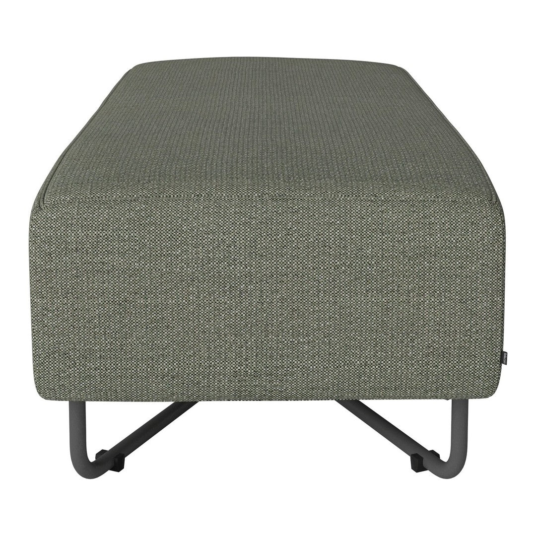 Green textured ottoman with a modern design and sleek black metal legs. Perfect for contemporary decor.