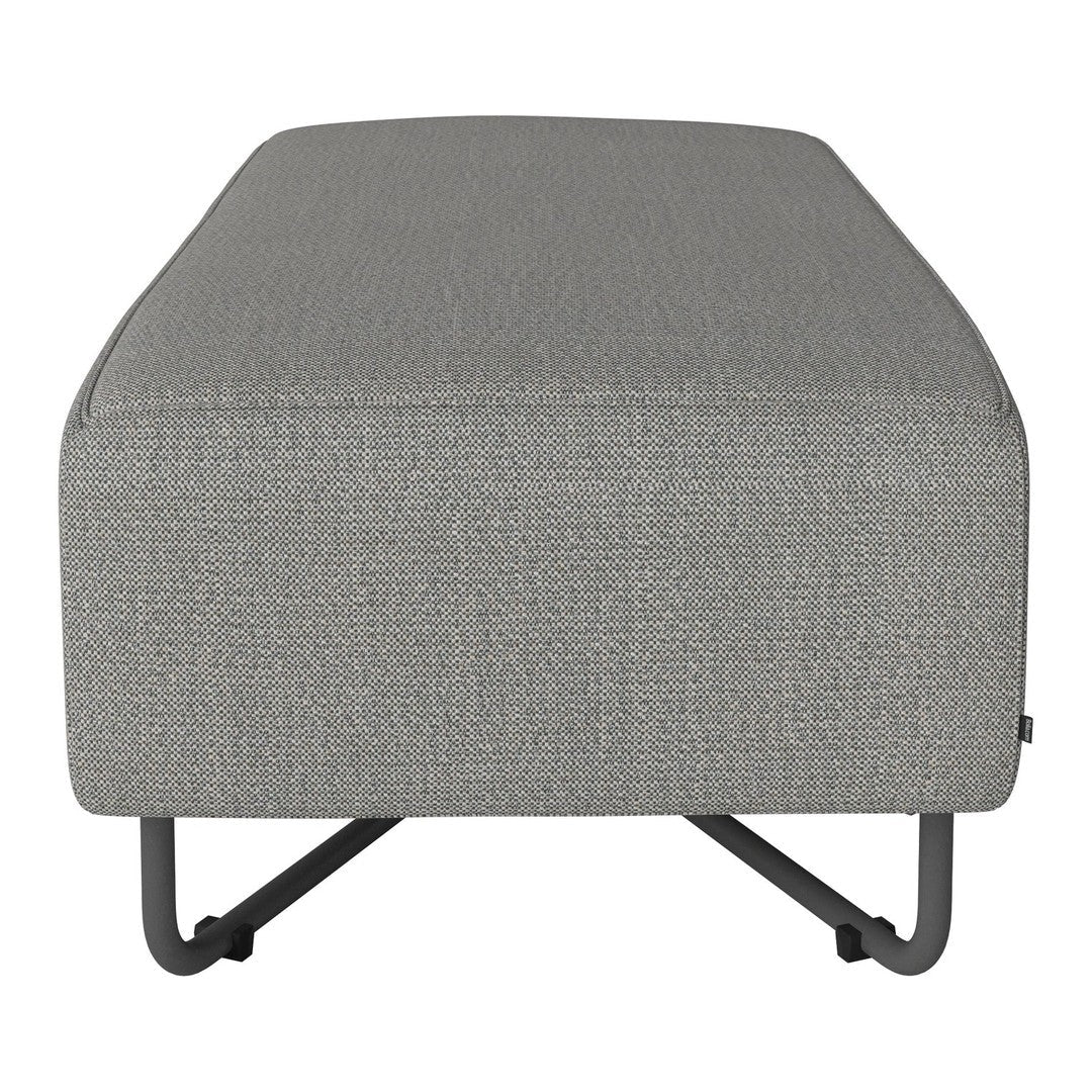 Gray upholstered ottoman with a textured fabric and sleek black metal legs. Modern and minimalist design.